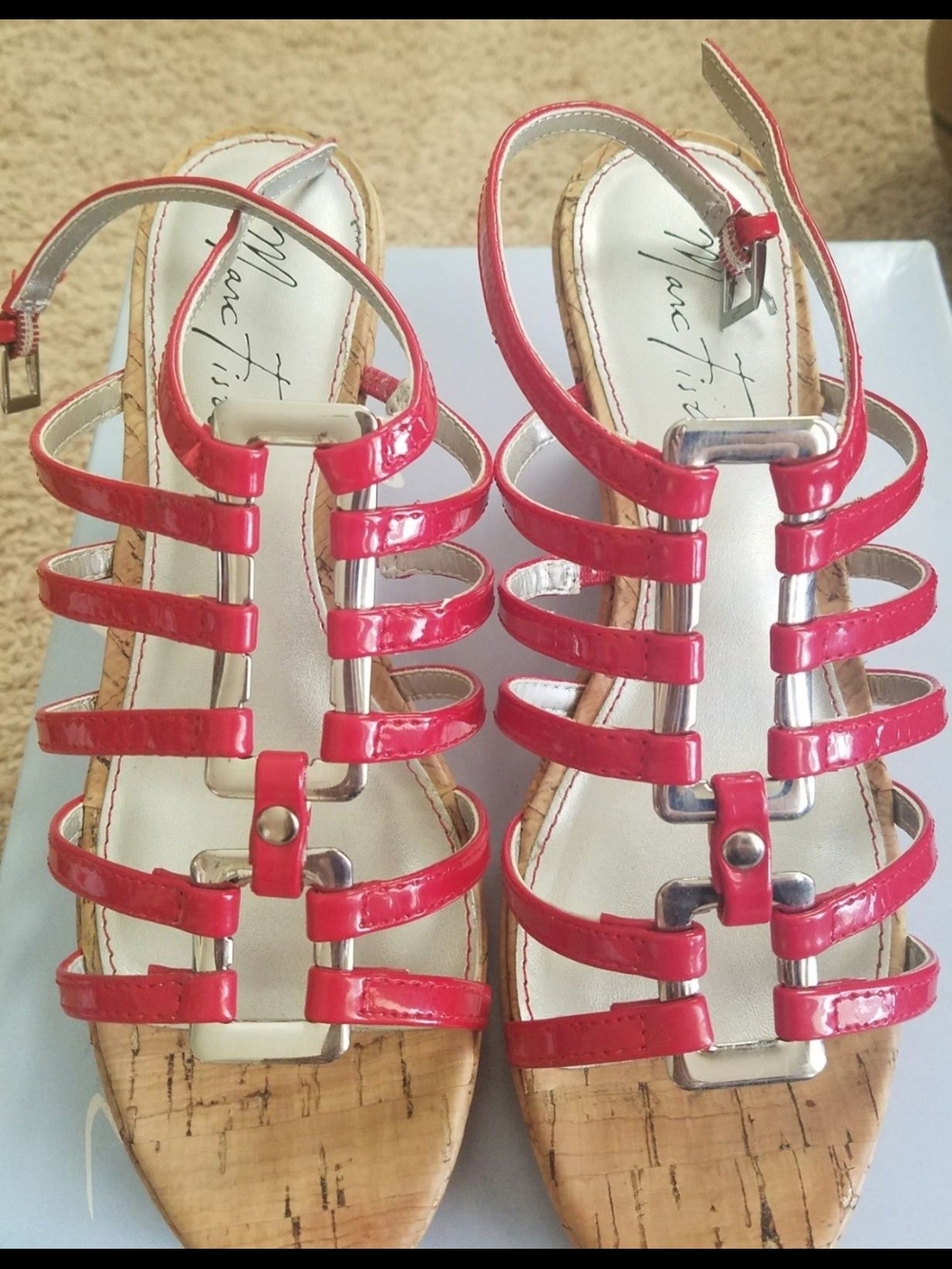 Marc Fisher Red Patent Multi-Strap Cork Sandals 6.5